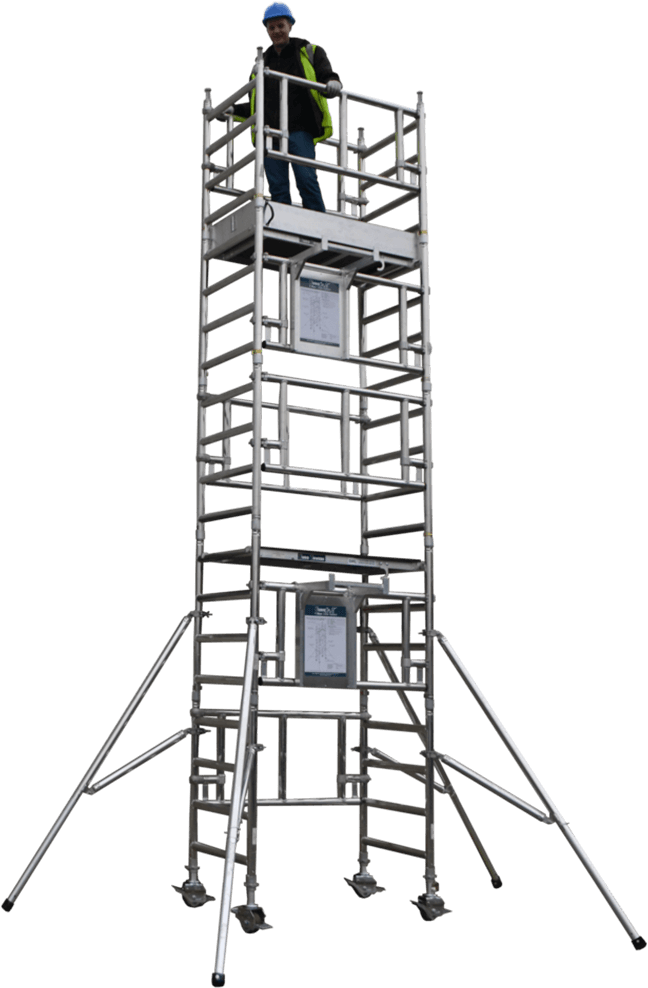 An image of a man on top of a high scaffold tower