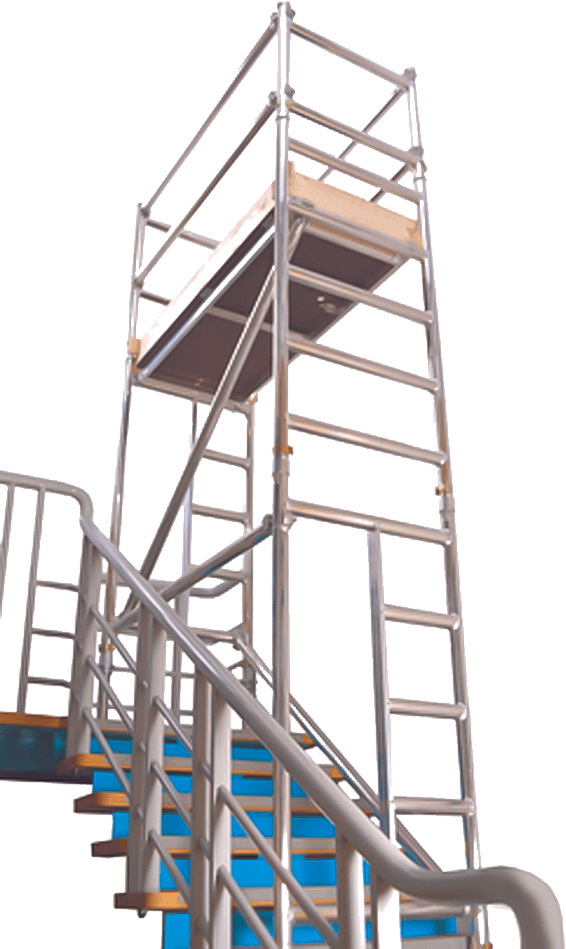 An image of a scaffold tower over some stairs