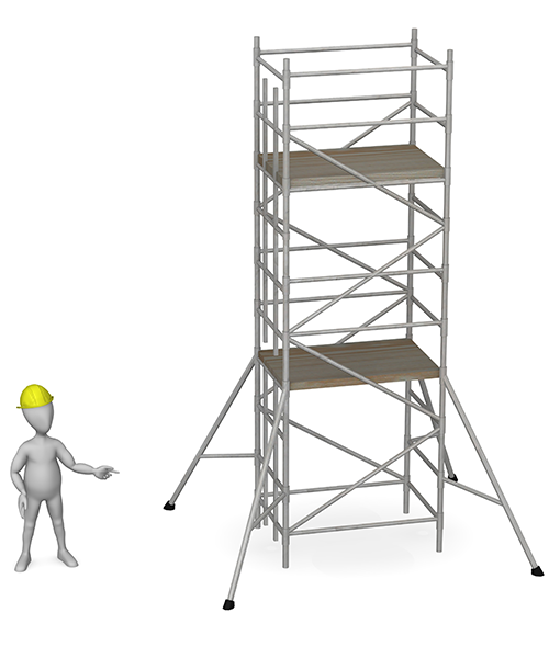 An image of an access tower beside a cartoon worker,