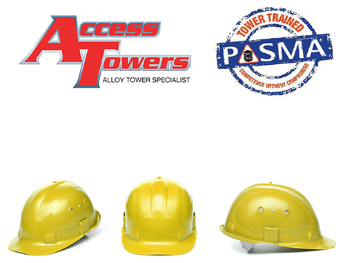 An image of three yellow hard hats with the Access Towers logo and PASMA badge above