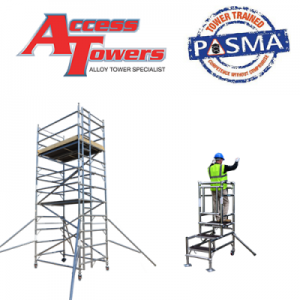 Image of an access tower. To the right, another image of a workman. PASMA and Access Towers logo above.